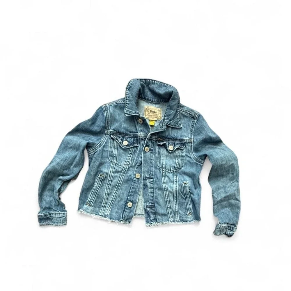 Polo Ralph Lauren Girls Denim Jacket Size 10 Raw Hem Logo Back Jean Jacket